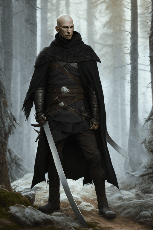 AI generated: portrait of a young ranger man with a cold stare wearing a ((black cloak)) and armor (holding a swor...