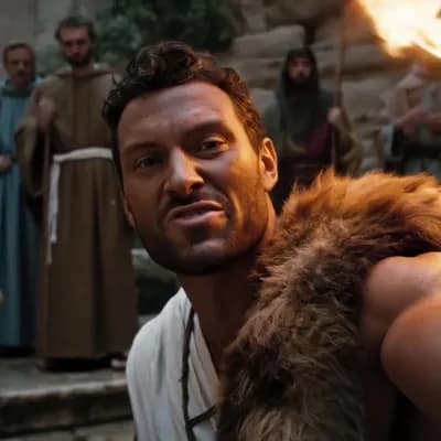 AI generated video: Composition: Medium-close handheld selfie with dramatic tilt as if reacting
Main Subject: Hercules, ...