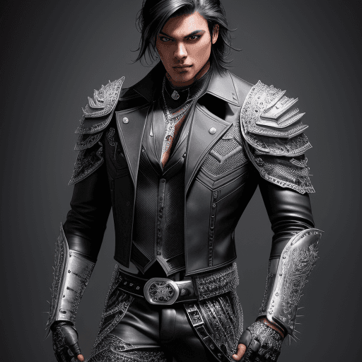 AI generated: male super hero named The Whip, Hispanic, black hair, no symbol, using two whips ((intricate silver ...