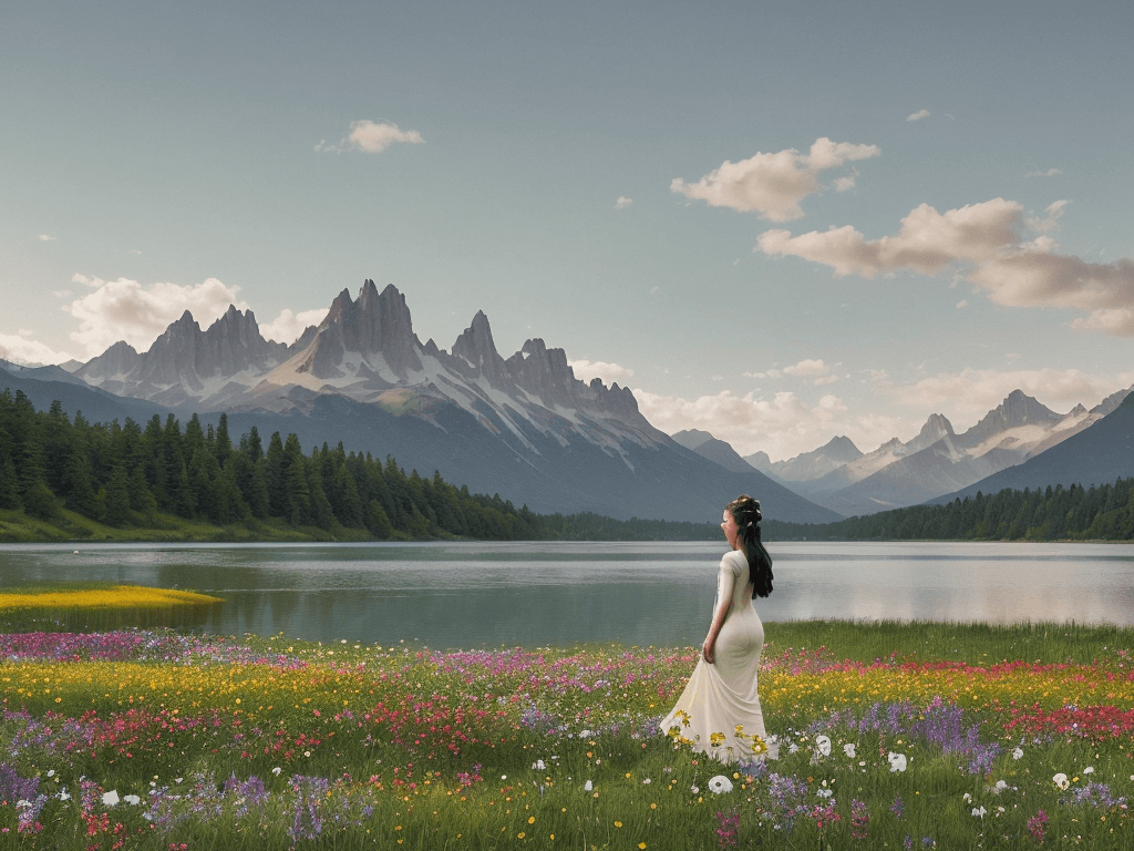 AI generated: a serene and enchanting scene of a woman standing in a field of vibrant flowers, with a majestic lak...