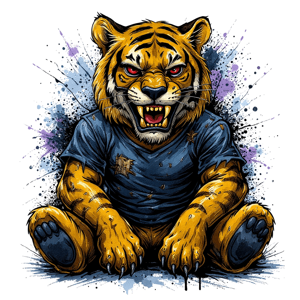 AI generated: Graphic t-shirt design of an evil, aggressive cartoon tiger character sitting down. The tiger has a ...