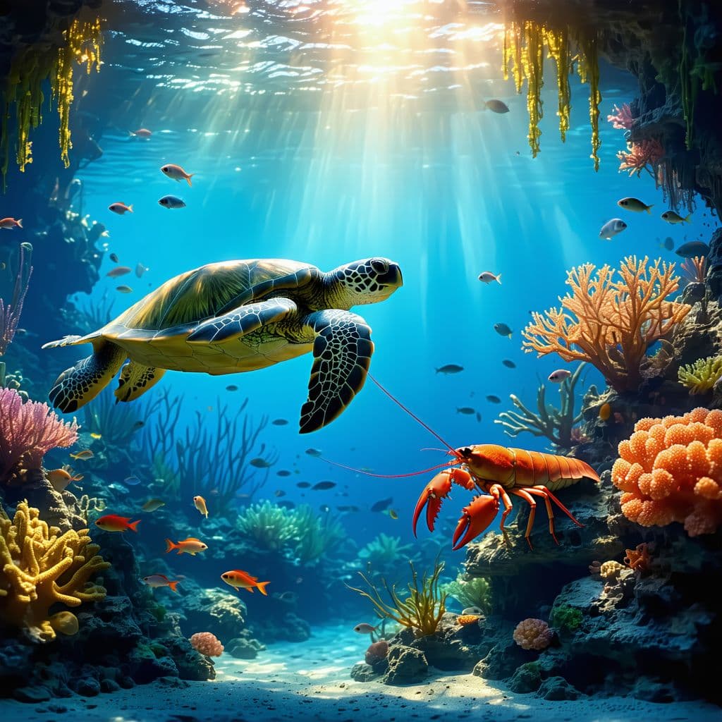 AI generated: Create an underwater scene featuring a sea turtle swimming on top of a reef, looking down with curio...