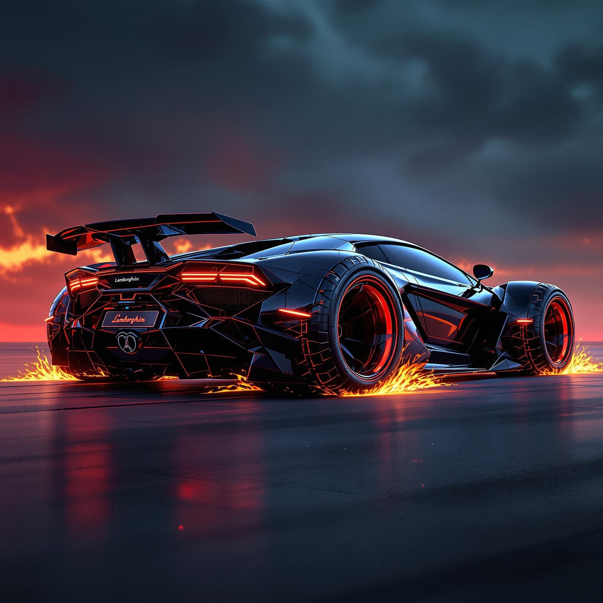 AI generated: side view of a shiny black futuristic lamborghini with huge rear tires that has realistic flames com...