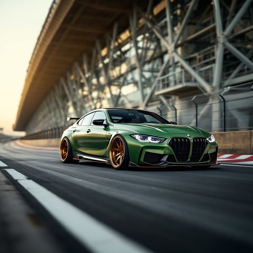 AI generated: BMW m3 f80 green color AND bronze rims in race road