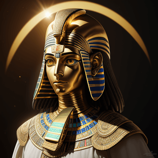 AI generated: Light portrait of the Egyptian god Ra with the head of a falcon in traditional clothes, a luminous s...
