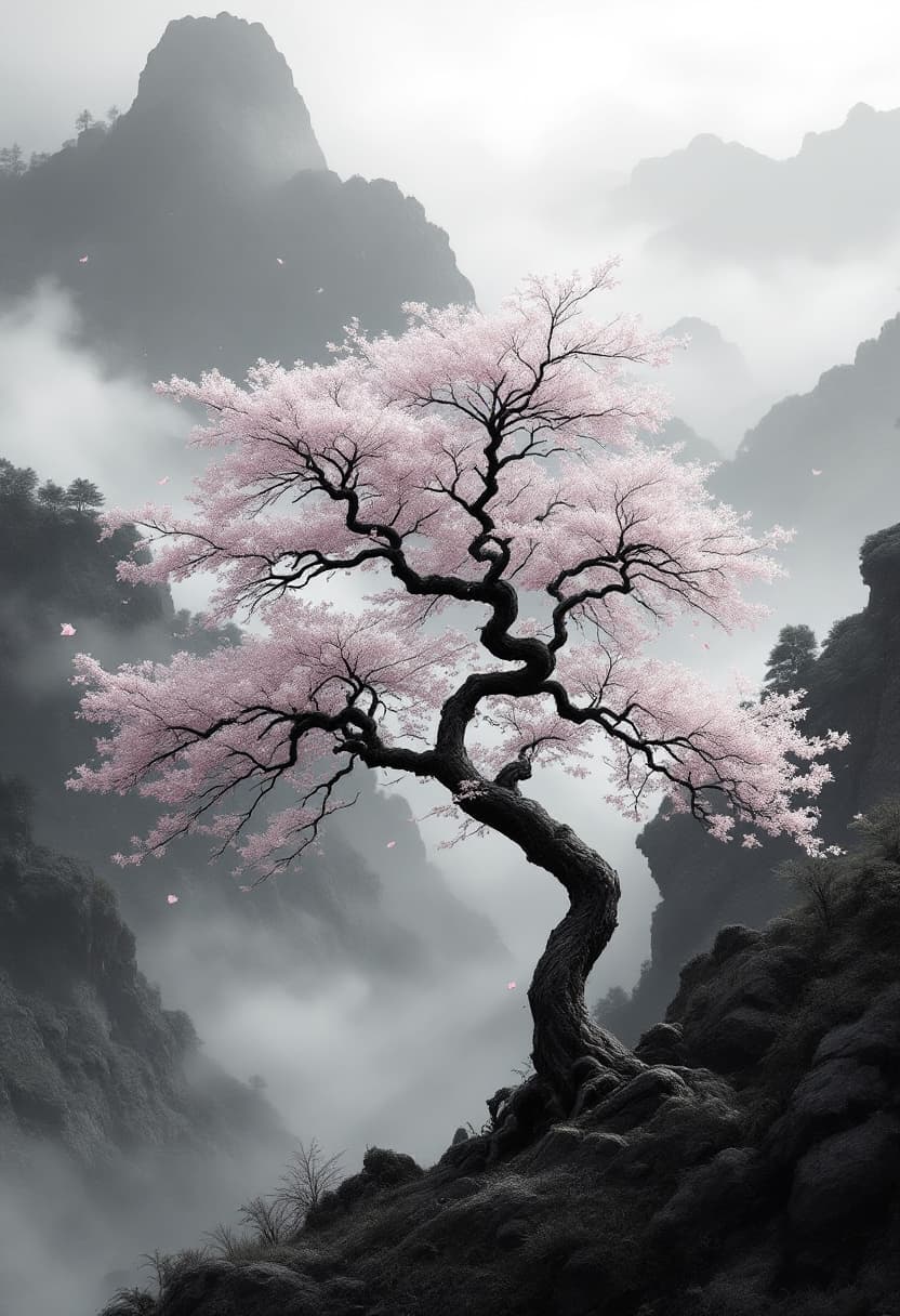 AI generated: cinematic grayscale. Traditional Japanese tree in a foggy mountain valley with moody depth and soft ...