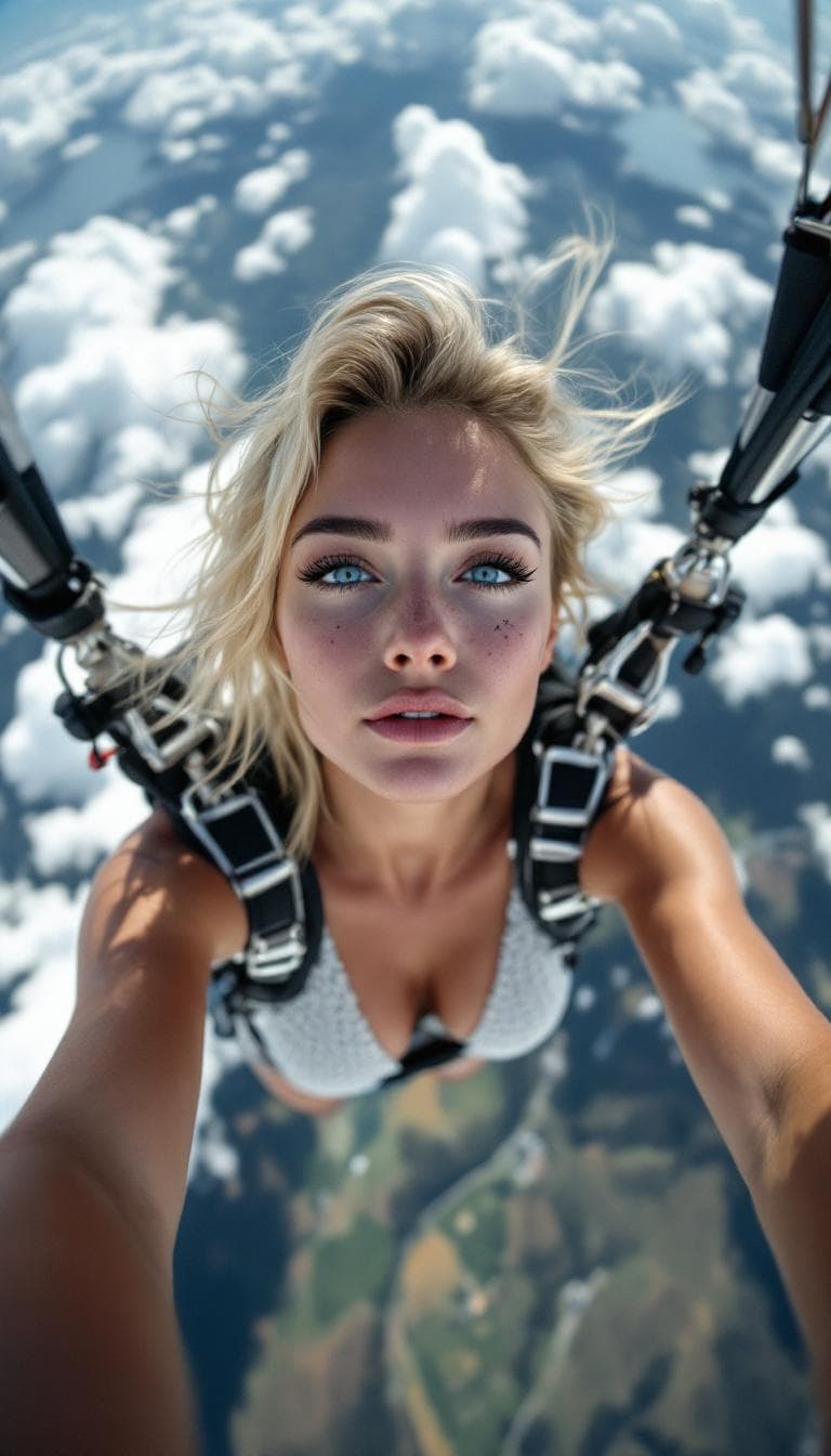 AI generated: Incredibly beautiful Norwegian with blue eyes, long eyelashes, black eyeliner, freckles, dimples on ...