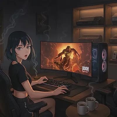 AI generated video: She plays Doom on her computer, turns and blows a kiss as her computer explodes in a fiery blast