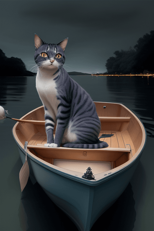 AI generated: a cat fishing in a small boat, happy, in the style of dreamlike realism, cinematic light, dark sky-b...