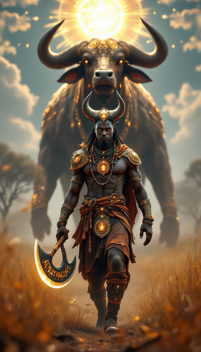 AI generated: An ultra-realistic, wide angle, front facing, full-body portrait of a skilled African Beastmaster, d...