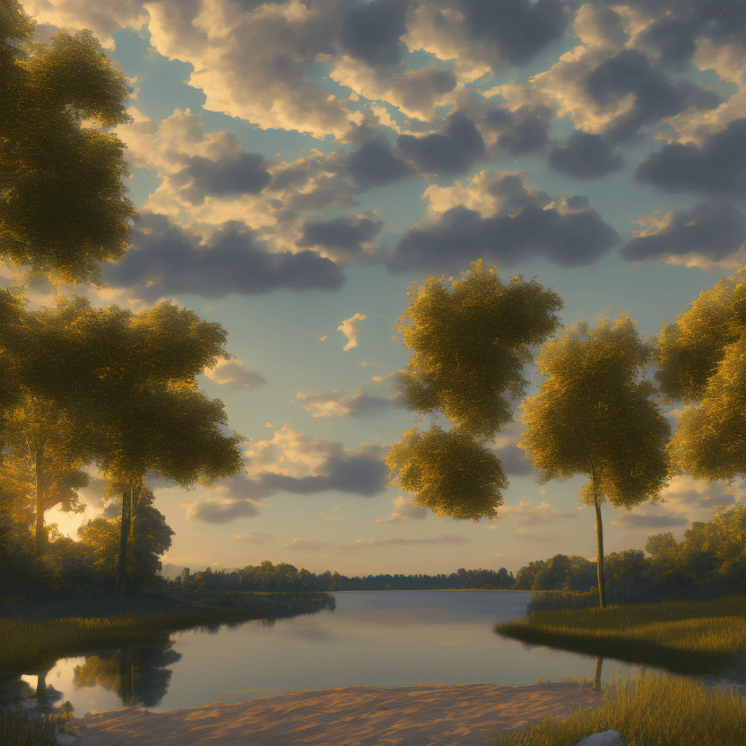 AI generated: photorealistic oil on canvas, small clouds, beach by a lake and river, trees,  beautiful setting, ev...