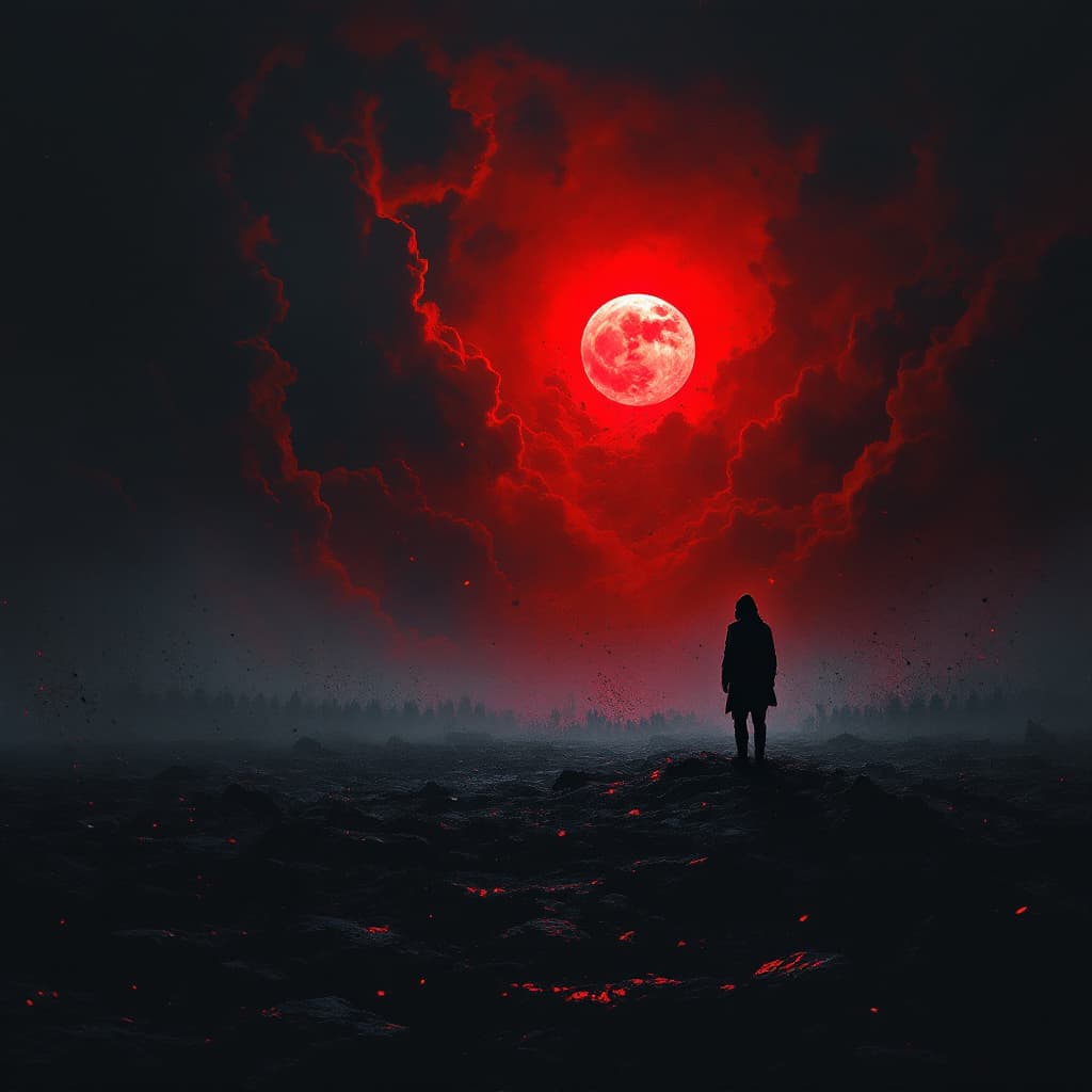 AI generated: a dramatic, emotional album cover showing a lone figure standing under a blood-red sky, distant sun ...