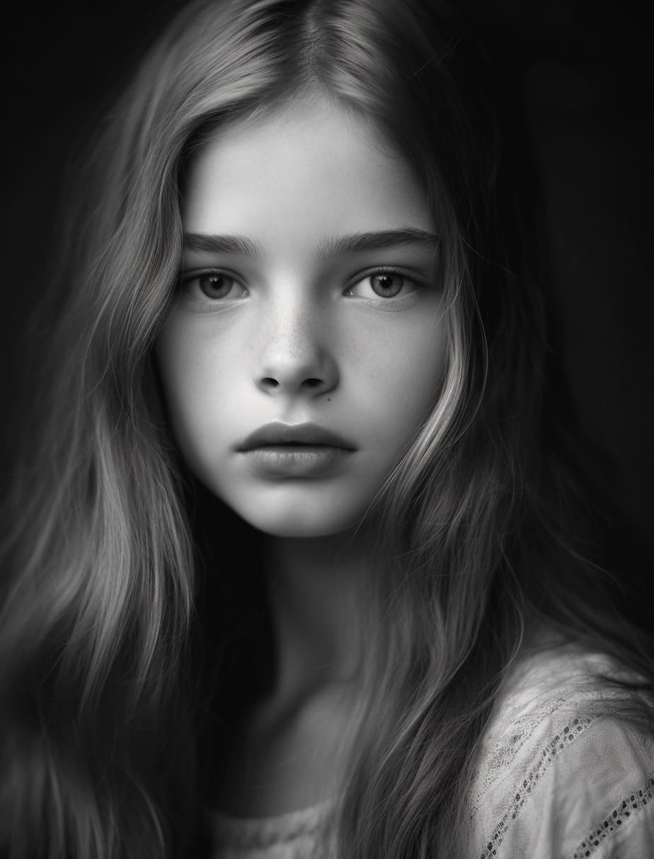 AI generated: a black and white photo of a woman with long hair, slavic girl, soft skin, 18 years old, sharp soft ...