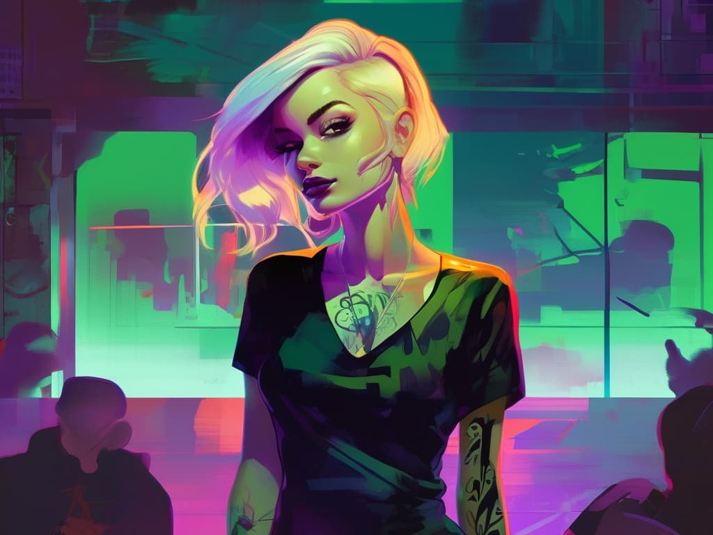 AI generated: highly detailed portrait of blonde tatto girl mini dress by atey ghailan, by greg rutkowski, by greg...