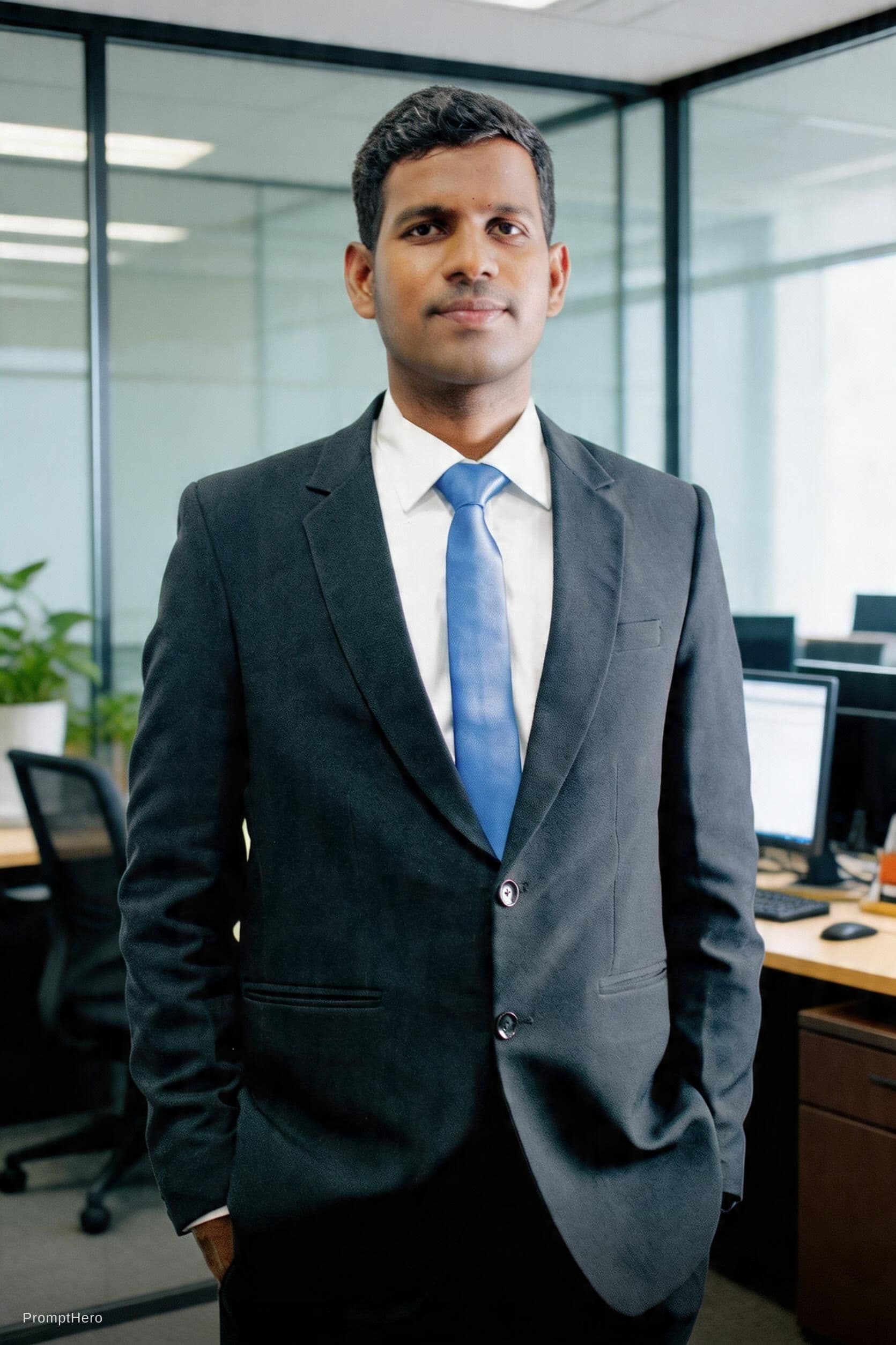 AI generated: clean shaven business man posing against office background