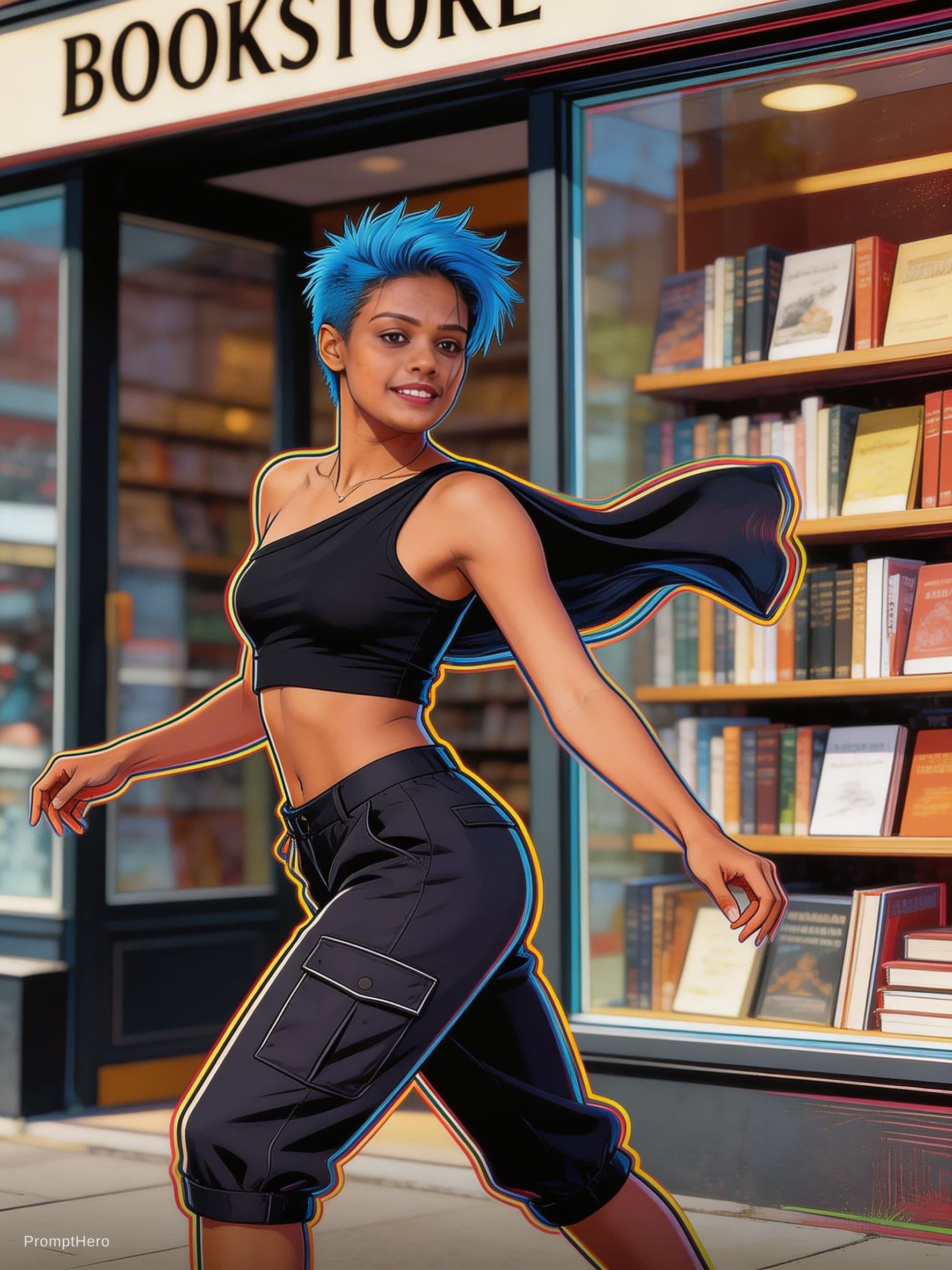 AI generated: Akan-Chokwe female playful dancer 24-year-old with short spiky cerulean hair, asymmetric crop top, c...