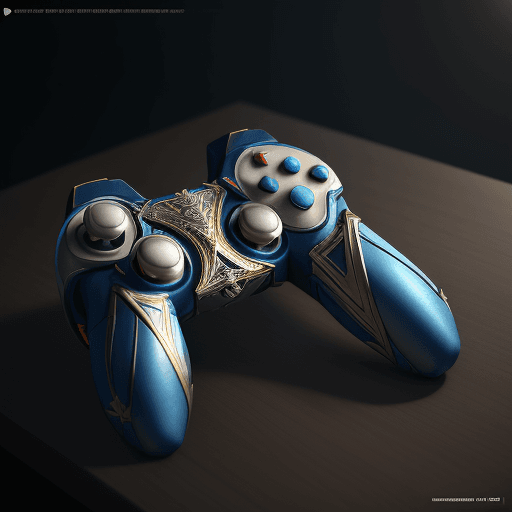 AI generated: Gamepad on the table with the design and character of Superman The gamepad is gold and blue dark, no...