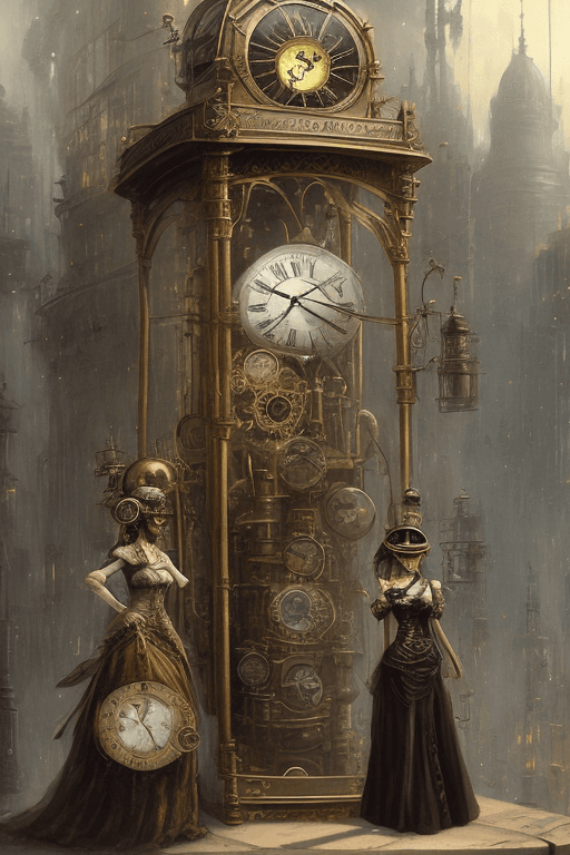AI generated: time machine, haze, a woman in a steampunk outfit and a helmet on her head stands out of the time ma...