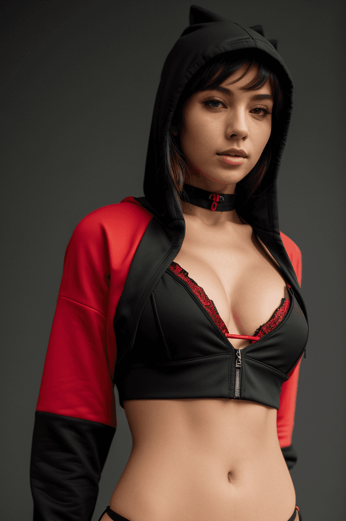 AI generated: masterpiece, best quality, high quality,techk1tty, bikini, red and black bikini, red and black theme...