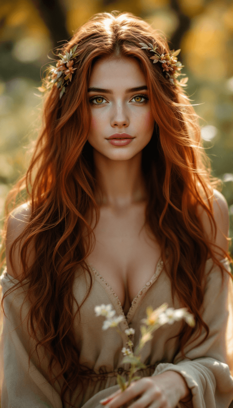 AI generated: A serene and grounding character with long, dark auburn hair that flows freely and naturally, often ...