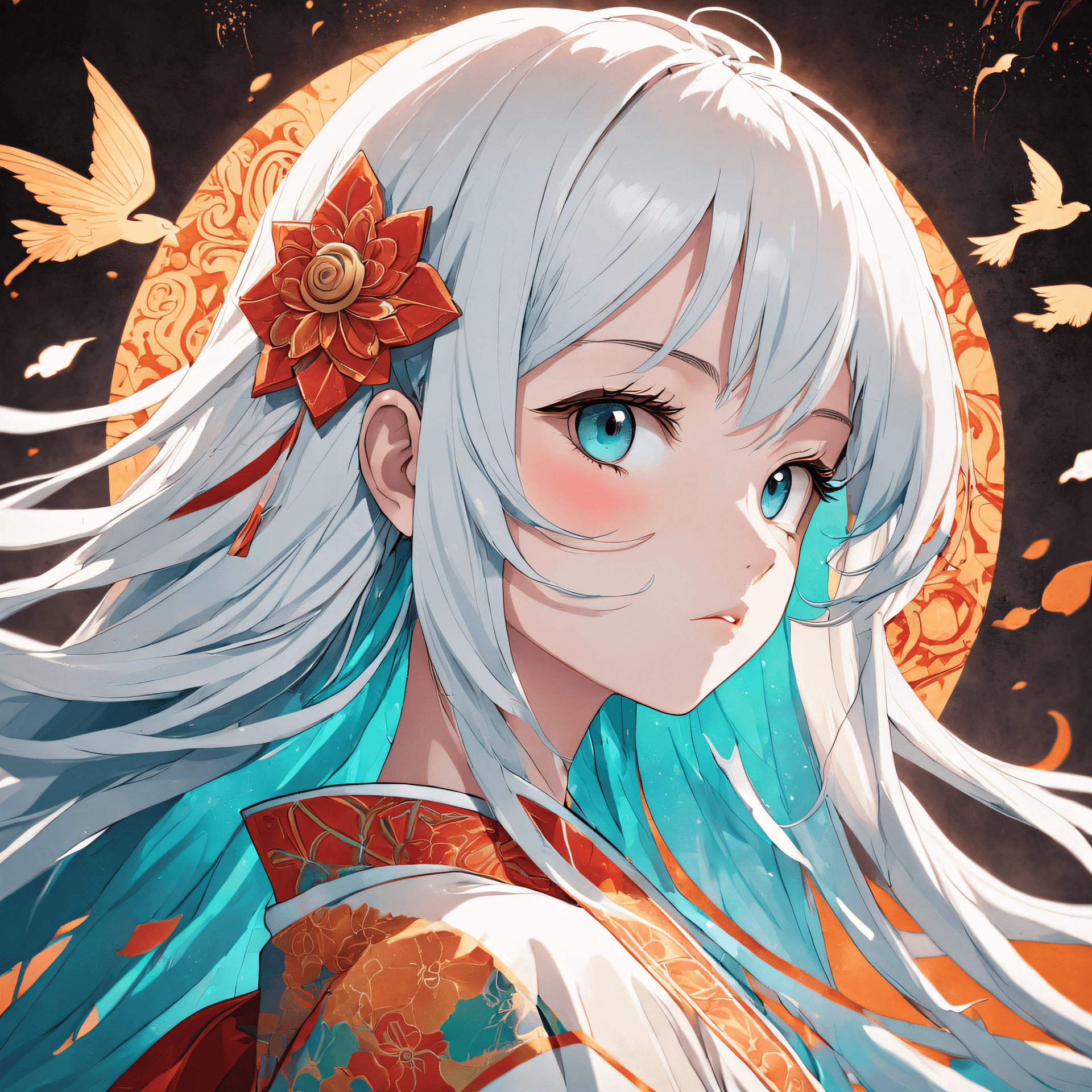 AI generated: (White background:1.4),(Silhouette of a girl's head, Eyes closed, colorfull long hair, Oriental elem...