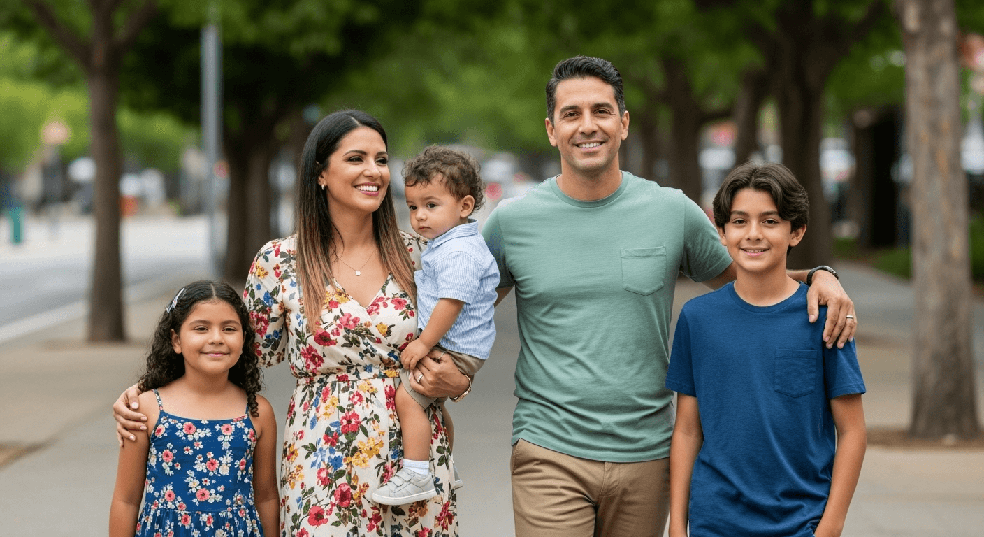 AI generated: realistic Latin American family faces, smiling expressions, natural skin tones, man with short dark ...