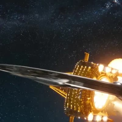 AI generated video: Create an atmospheric photorealistic image of a long shiny silver spacecraft shaped like a giant nee...