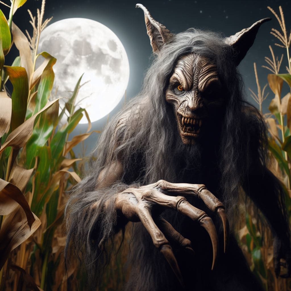 AI generated: wendigo, looking for prey, in a cornfield, full moon, very detailed, photorealistic, greg rutkowski,...