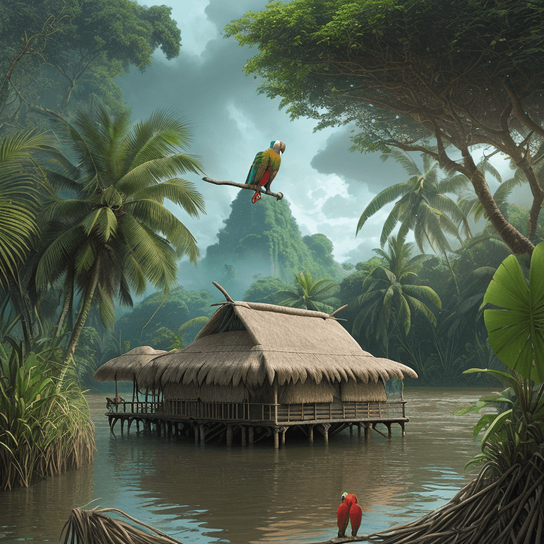 AI generated: In the Amazon River there is a parrot flying and there are thatched huts on the river bank. Highly d...