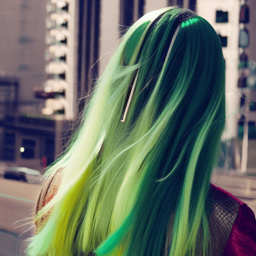 AI generated: Woman with long green hair in cyberpunk style looking into the city