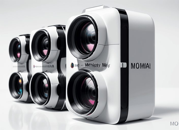 AI generated: Four slim cameras, on a glossy white surface, front view, hyper realistic, highly detailed, 8K, moma...