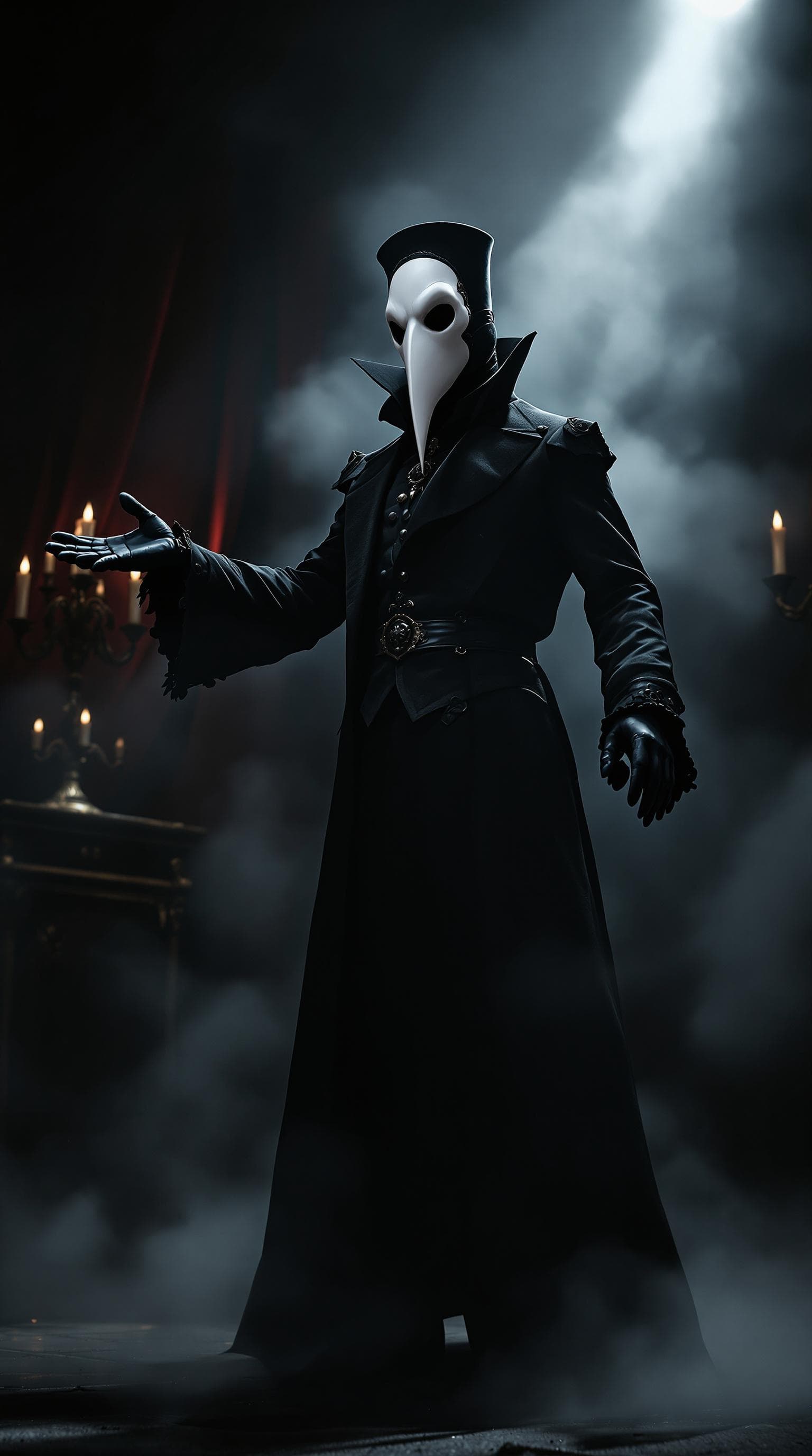 AI generated: A realistic scene of a Plague Doctor acting as a horror show host. He stands under dramatic, moody l...