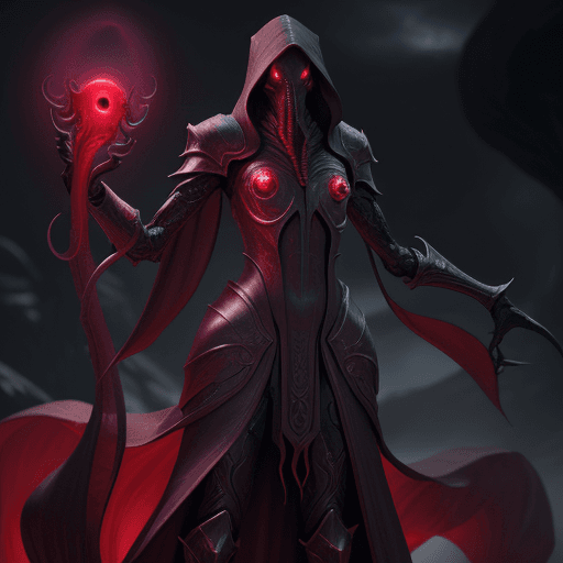 AI generated: a tall Illithid with a squid for a head, glowing red eyes, and magnificent armor; he looks epic with...