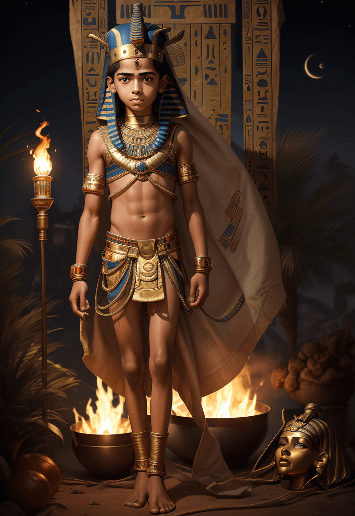 AI generated: Tutankhamen, 12 year old, boy, beautiful face, Indian skin, cross hands, Egyptian hat, leg, feet, cu...