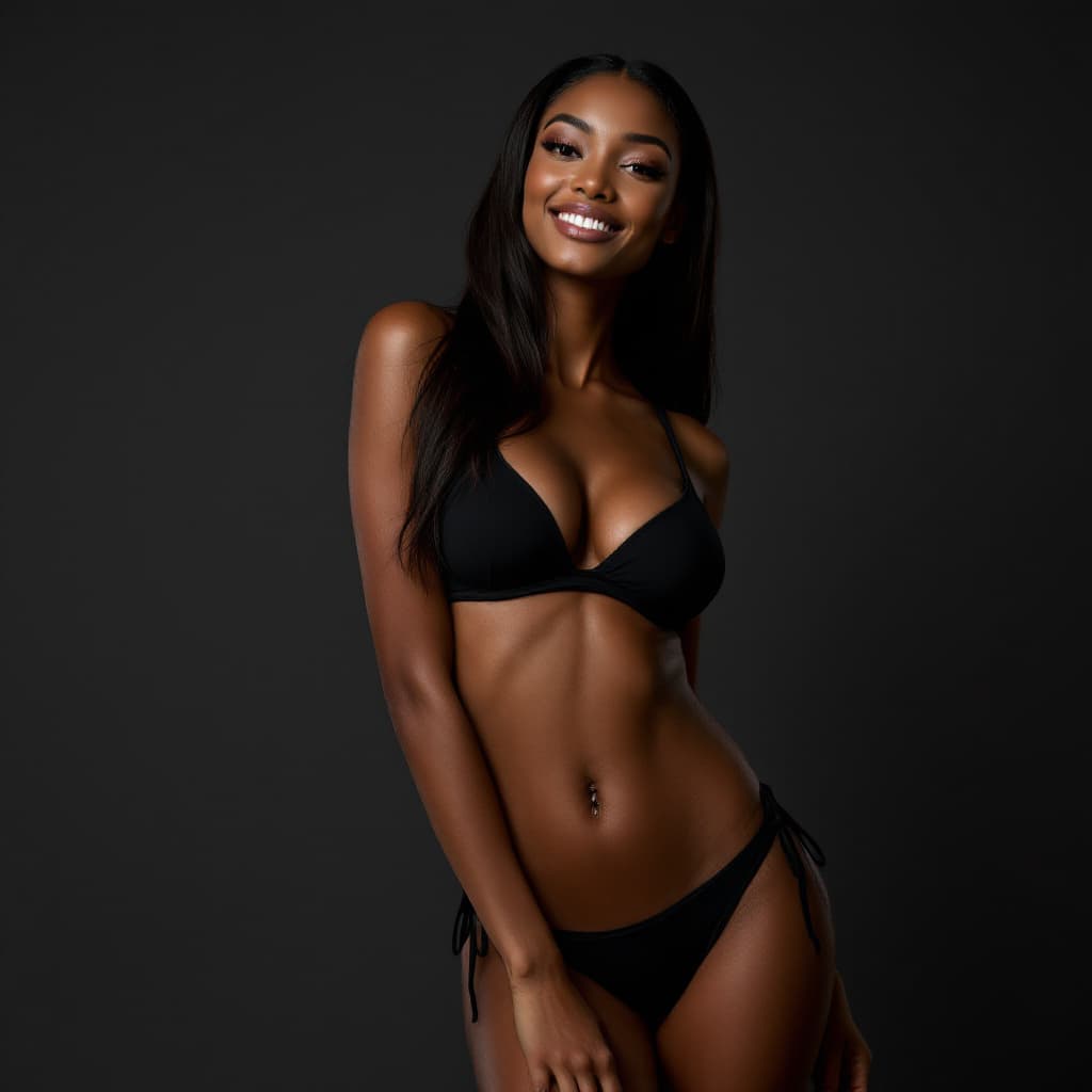 AI generated: a professional photograph of a black woman standing, smiling, and giving a pose into the camera. She...
