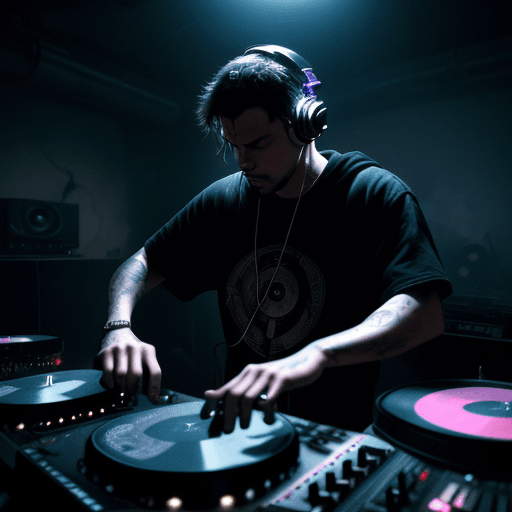 AI generated: The image features a dimly lit, underground music studio enveloped in a haze of smoke, with various ...