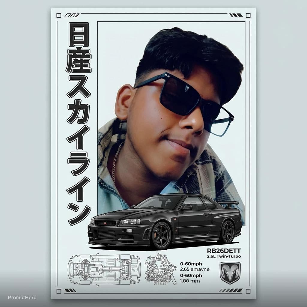 AI generated: Left side japnese name of car bottom left detail of car and printable poster
