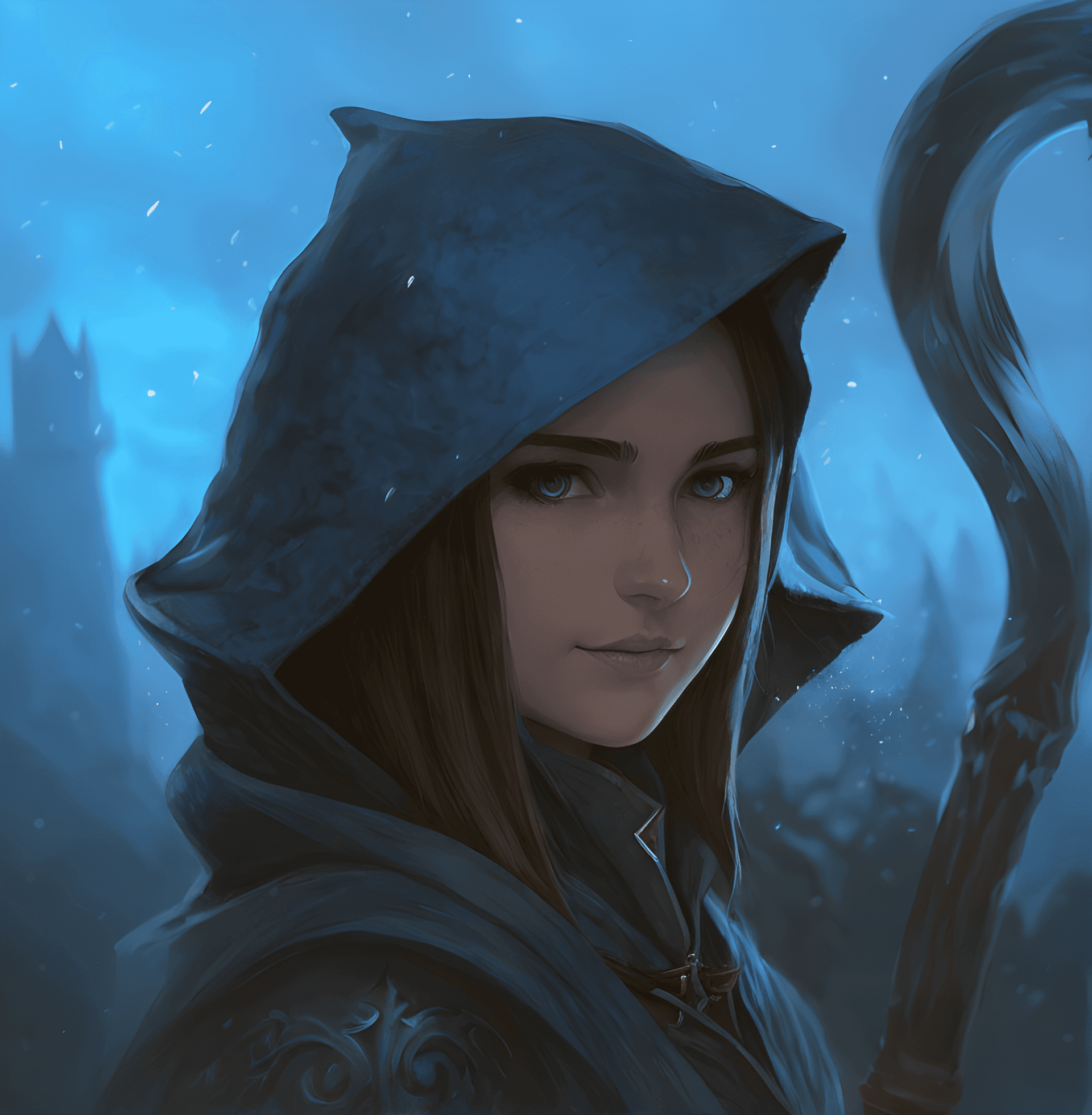 AI generated: a close up of a person with a staff, blue hooded cloak, closeup portrait of an mage, blue cape, hood...