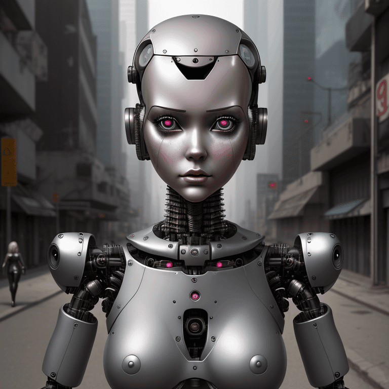 AI generated: nvinkpunk, realistic women humanoid robot with real woman face in a dystopic city