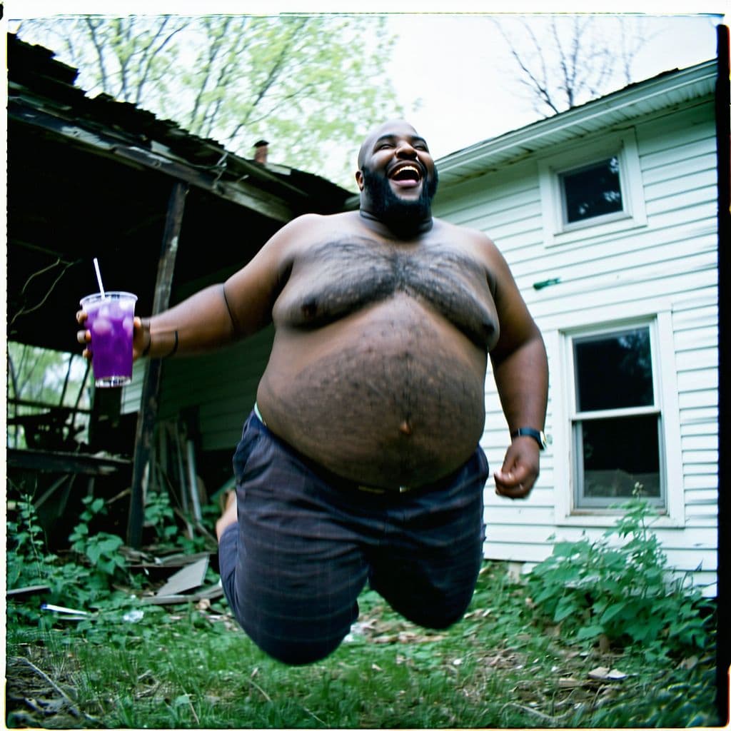 AI generated: grainy 80's photograph quality polaroid of big fat bald elated black man floating in the air with a ...