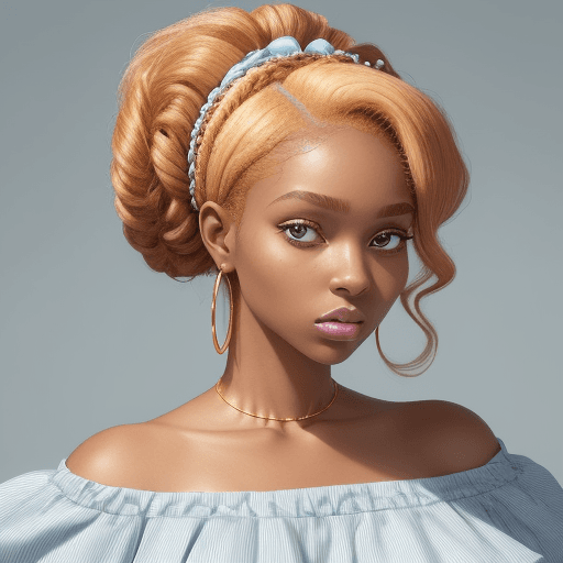 AI generated: A portrait of a young black woman with a voluminous updo hairstyle and a fine hairband. Her strawber...