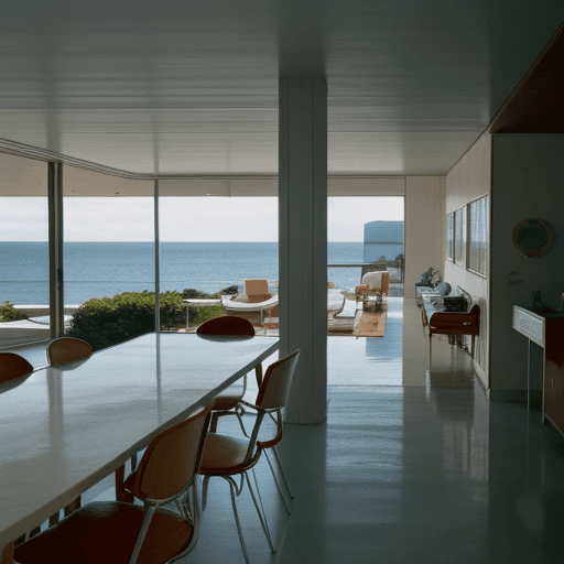 AI generated: Hyper realistic eye level exterior photo of a mid century modern style house overlooking the ocean, ...