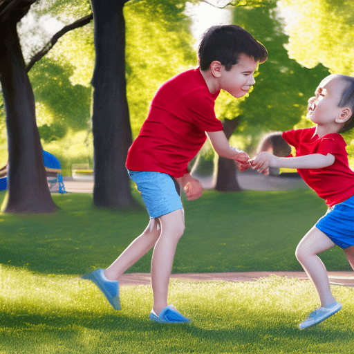 AI generated: detailed and realistic photo from two children, playing in park. The first child is dressing a red t...