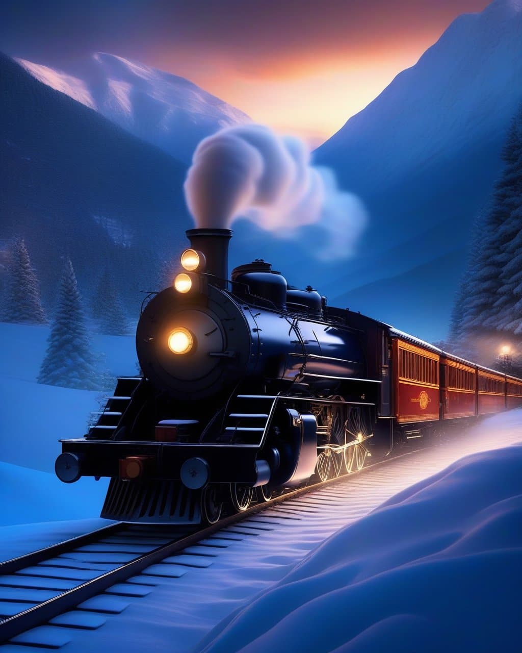 AI generated: Pixar style, steam locomotive train running through the snowy mountains, the polar express, scenic l...