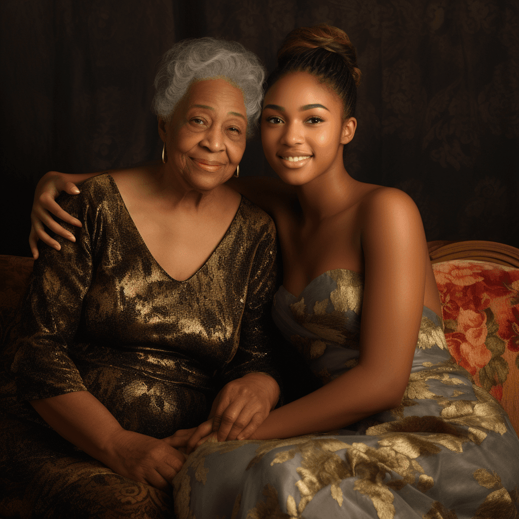 AI generated: a young black beautiful lady with rosy cheeks, Sparkling Eyes, sitted in sofa with her grand mother,...