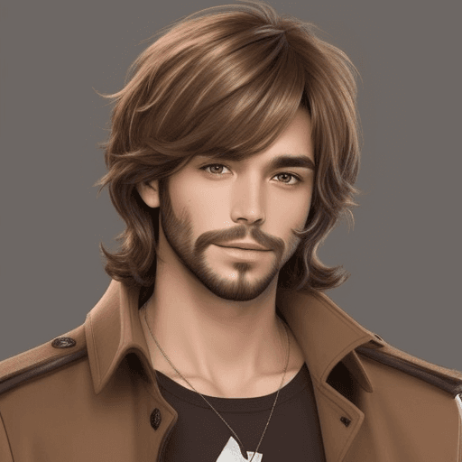 AI generated: shaggy brown shoulder length hair, male, stoner, brown coat, sketch