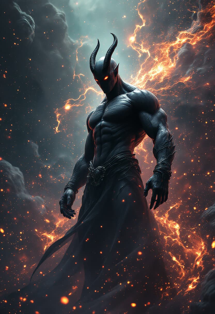 AI generated: God of Devils and Demons full-body, Etherial, muscular, Glowing Black eyes, Charcoal skin, epic, cin...