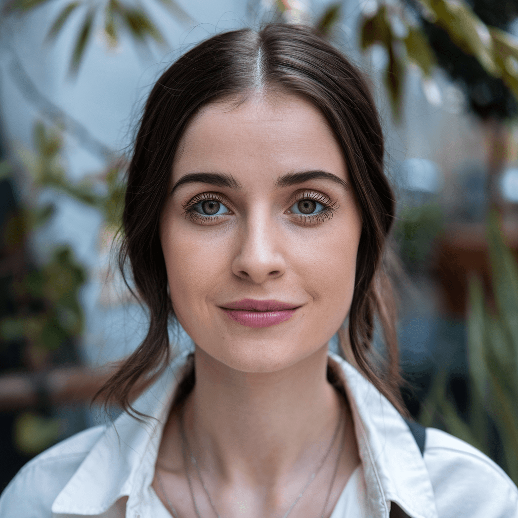 AI generated: Photo of a women with face that has soft features, eyes are very hooded and hazell color