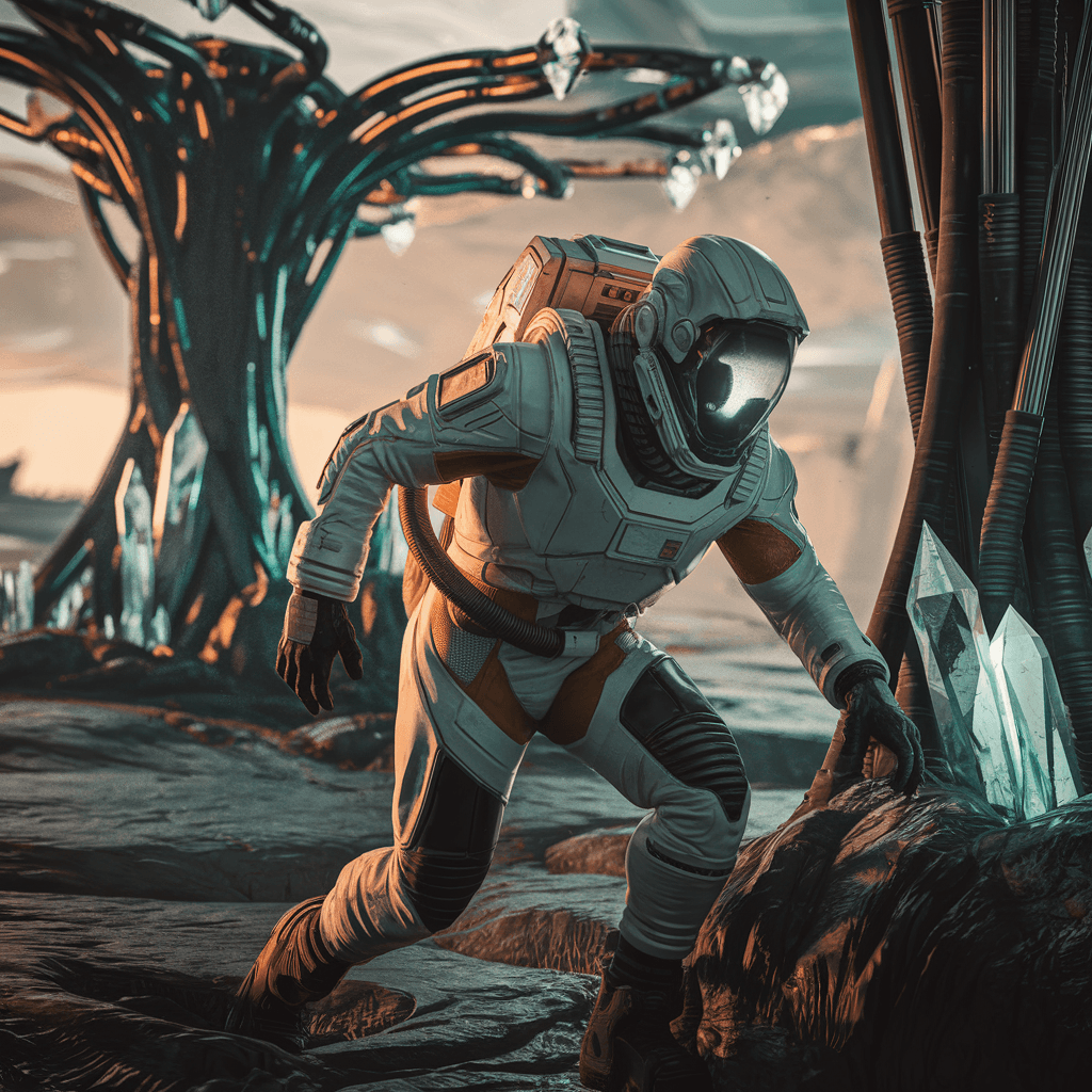AI generated: a space explorer in white and orange suit, glowing visor, exploring an alien world with towering tre...