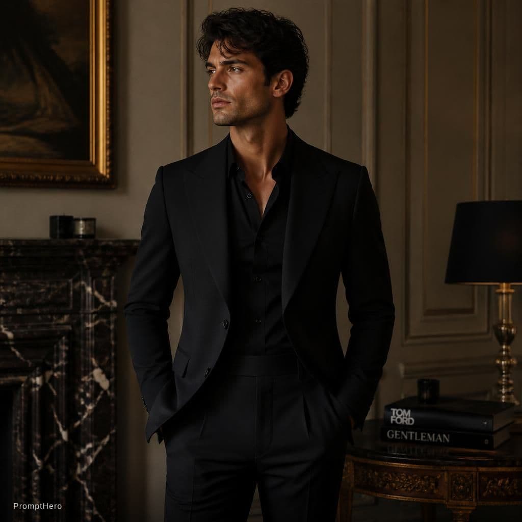 AI generated: Black italian bespoke suit with black undershirt 